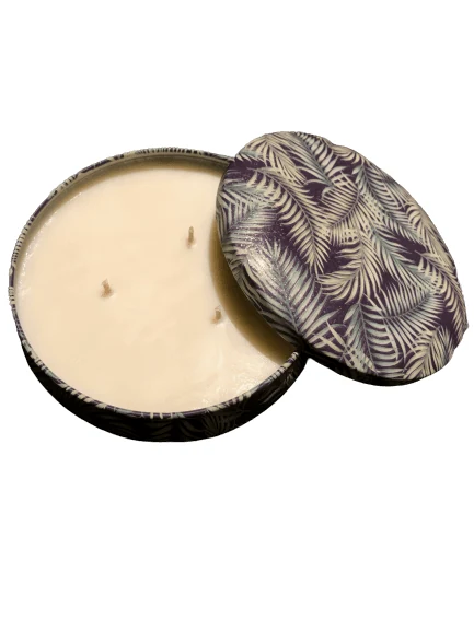 Ms Boudoir hand-poured soy candle — cream wax, three wicks, purple and white palm-frond tin
