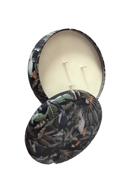 Ms Boudoir hand-poured soy candle — dark botanical tin printed with toucans, parrots and palm leaves